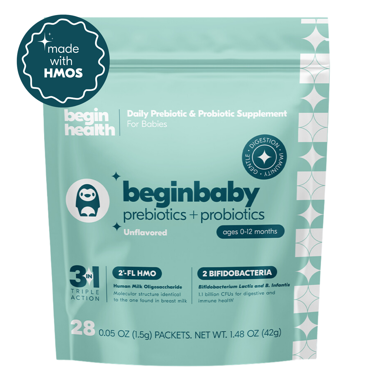 beginbaby 3 in 1 prebiotic and probiotic front pack