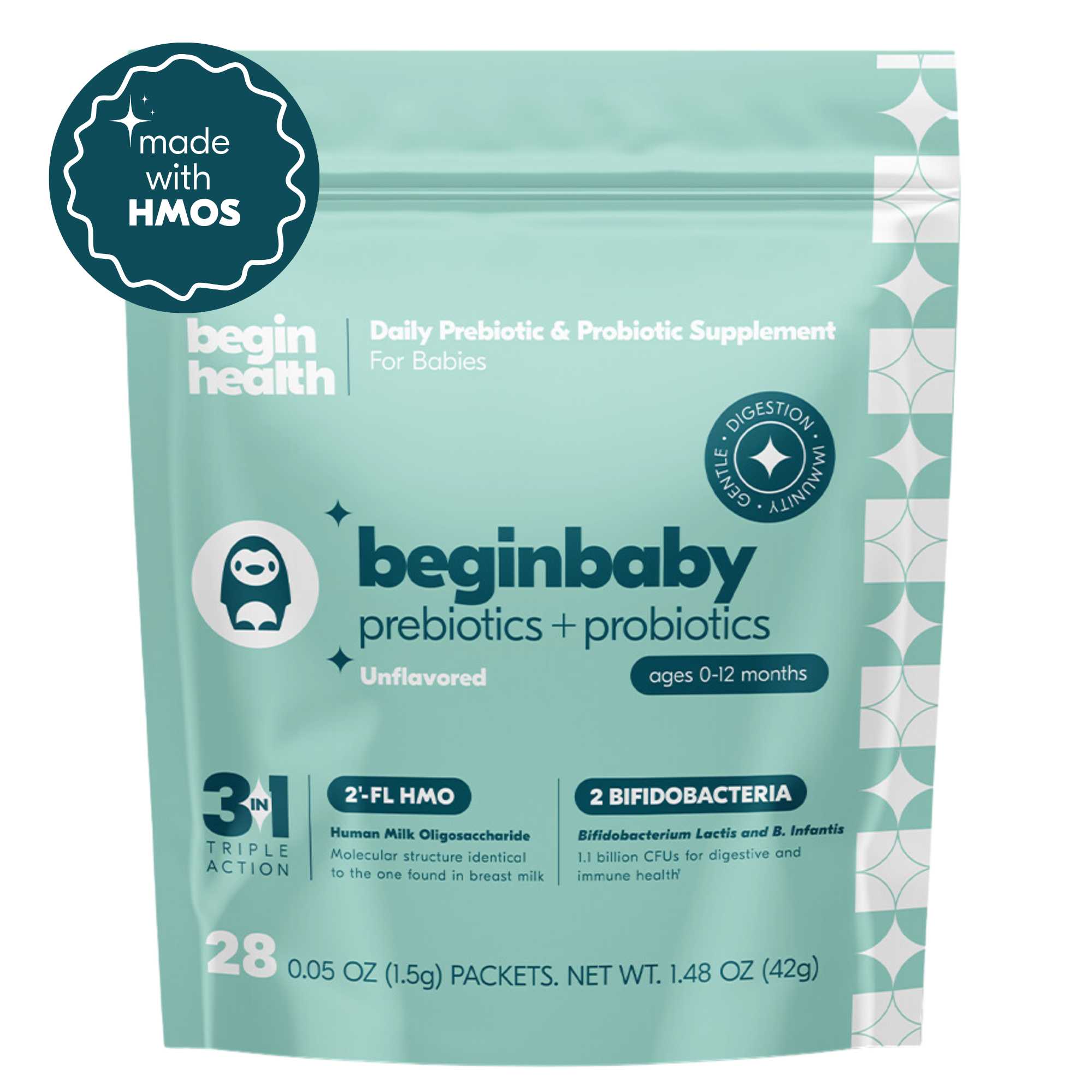 beginbaby 3 in 1 prebiotic and probiotic front pack